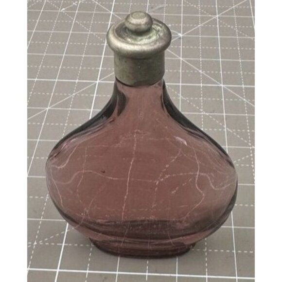 Vintage Amethyst Glass Pear Shaped Small Bottle Screw on Metal Top with Cork - Picture 5 of 7